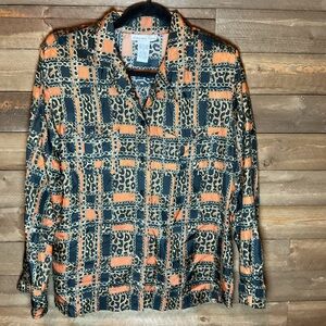 Anna and Frank Vintage Black Brown & Orange Button Front Silk Top Womens Small